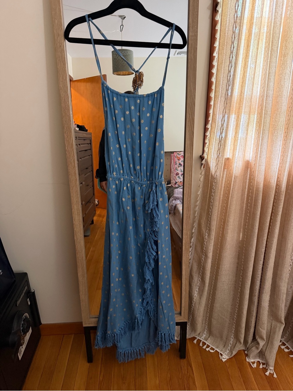 Boho Blue Backless Maxi Dress with Tassel Trim